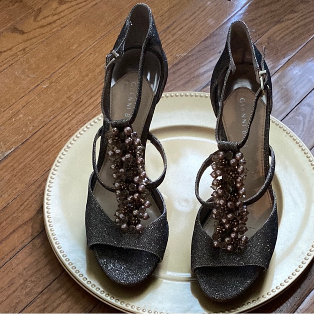 Gianni Bini Gold Beaded Sparkle Open Toe Heels